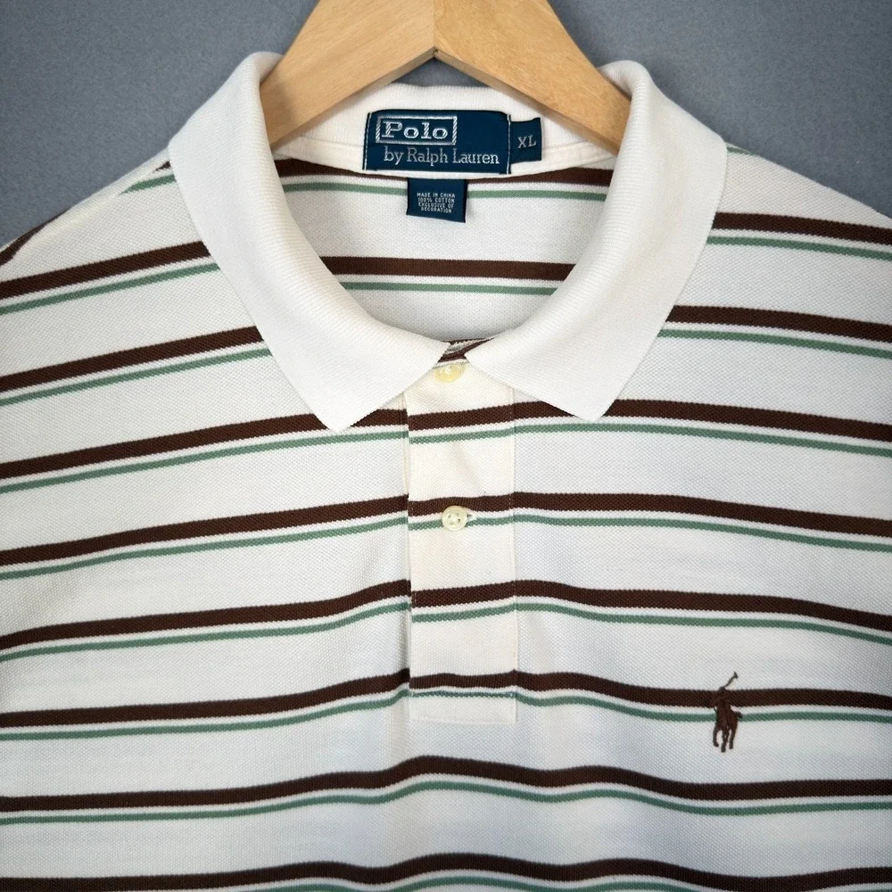 Polo Ralph Lauren Men's XL Striped Cotton Pique Polo Shirt White Brown Green